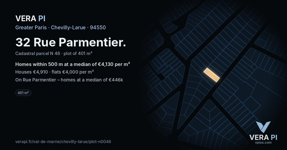 32 Rue Parmentier, Chevilly-Larue at night – the plot lit, the parcels around coloured by the prices near them