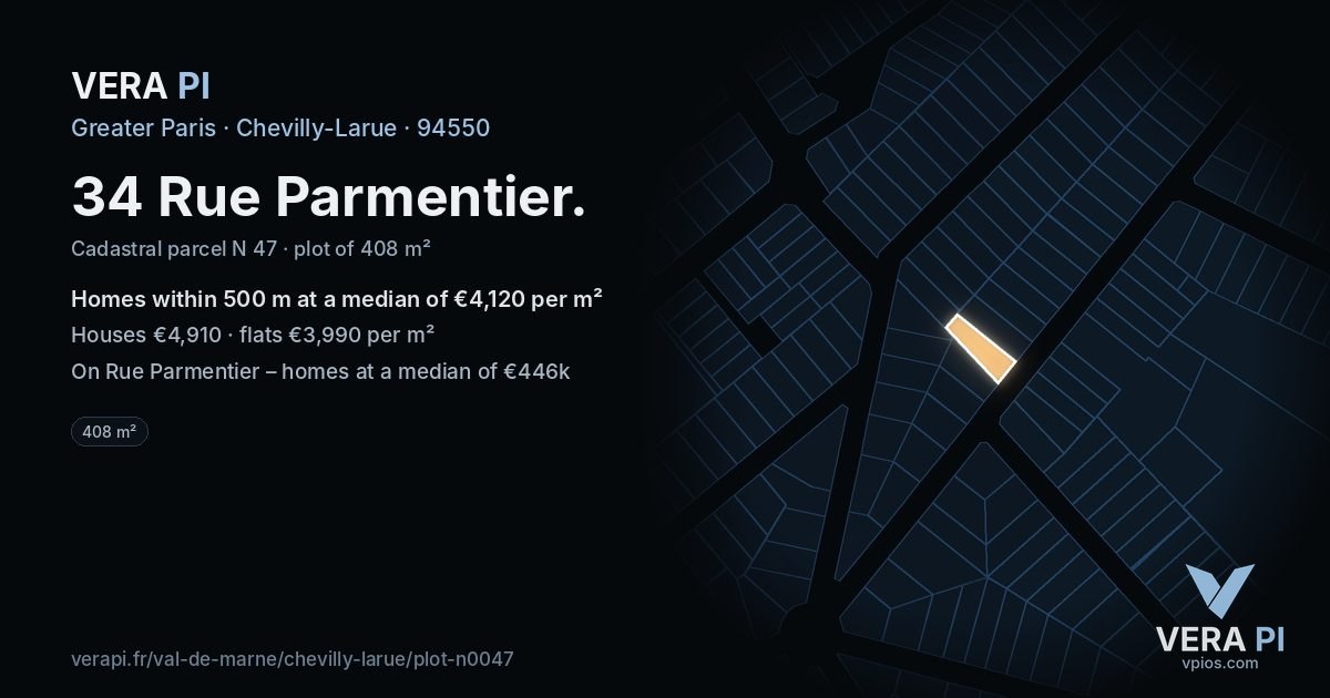 34 Rue Parmentier, Chevilly-Larue at night – the plot lit, the parcels around coloured by the prices near them