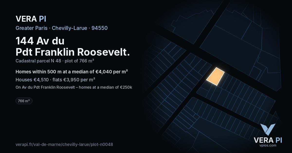 144 Av du Pdt Franklin Roosevelt, Chevilly-Larue at night – the plot lit, the parcels around coloured by the prices near them