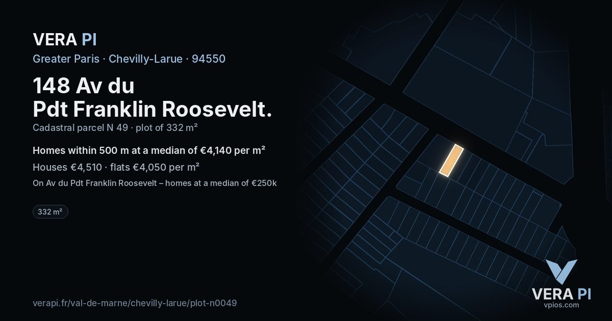 148 Av du Pdt Franklin Roosevelt, Chevilly-Larue at night – the plot lit, the parcels around coloured by the prices near them