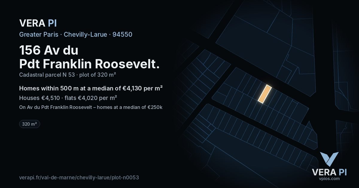 156 Av du Pdt Franklin Roosevelt, Chevilly-Larue at night – the plot lit, the parcels around coloured by the prices near them