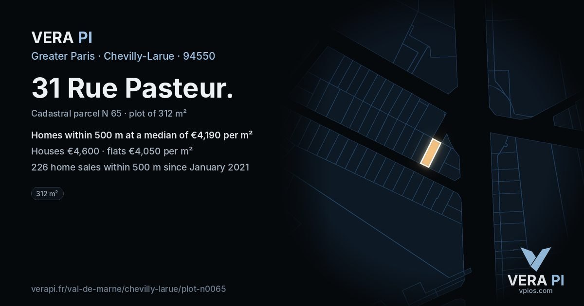 31 Rue Pasteur, Chevilly-Larue at night – the plot lit, the parcels around coloured by the prices near them