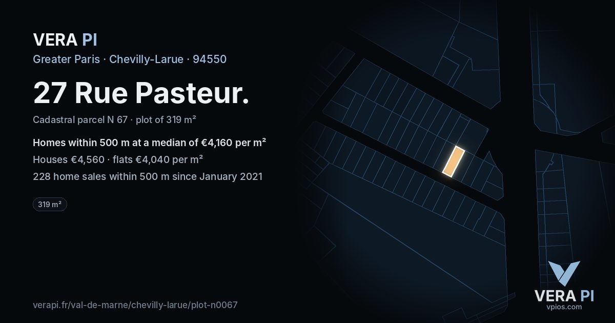 27 Rue Pasteur, Chevilly-Larue at night – the plot lit, the parcels around coloured by the prices near them