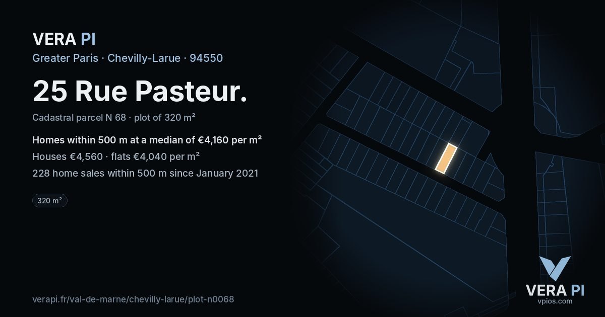 25 Rue Pasteur, Chevilly-Larue at night – the plot lit, the parcels around coloured by the prices near them