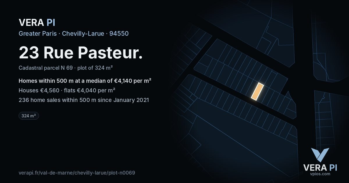 23 Rue Pasteur, Chevilly-Larue at night – the plot lit, the parcels around coloured by the prices near them