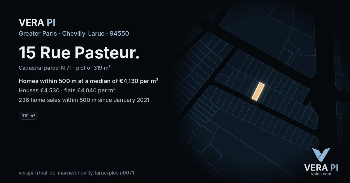 15 Rue Pasteur, Chevilly-Larue at night – the plot lit, the parcels around coloured by the prices near them
