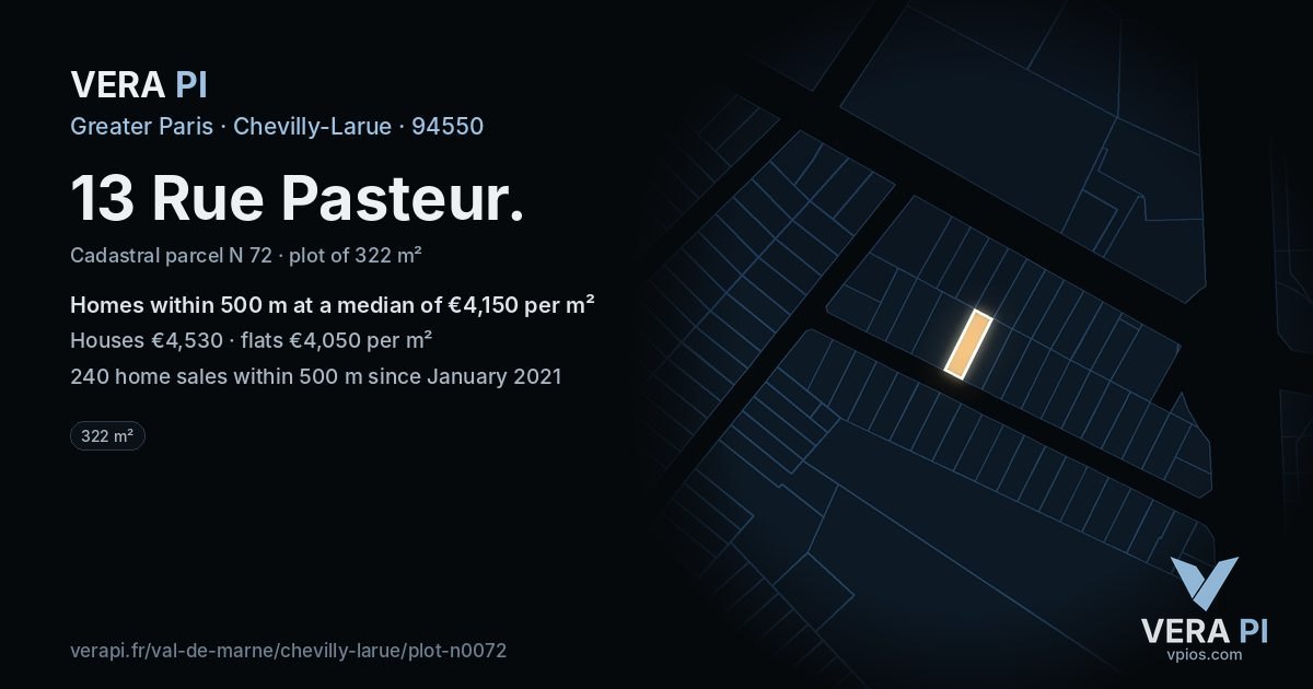 13 Rue Pasteur, Chevilly-Larue at night – the plot lit, the parcels around coloured by the prices near them