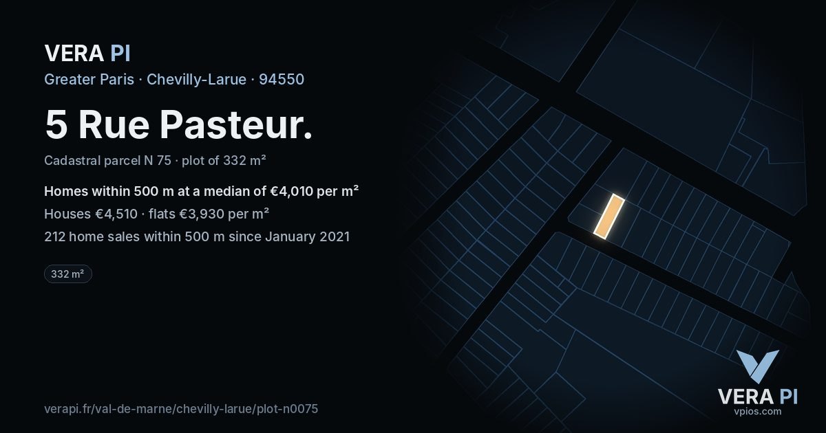 5 Rue Pasteur, Chevilly-Larue at night – the plot lit, the parcels around coloured by the prices near them