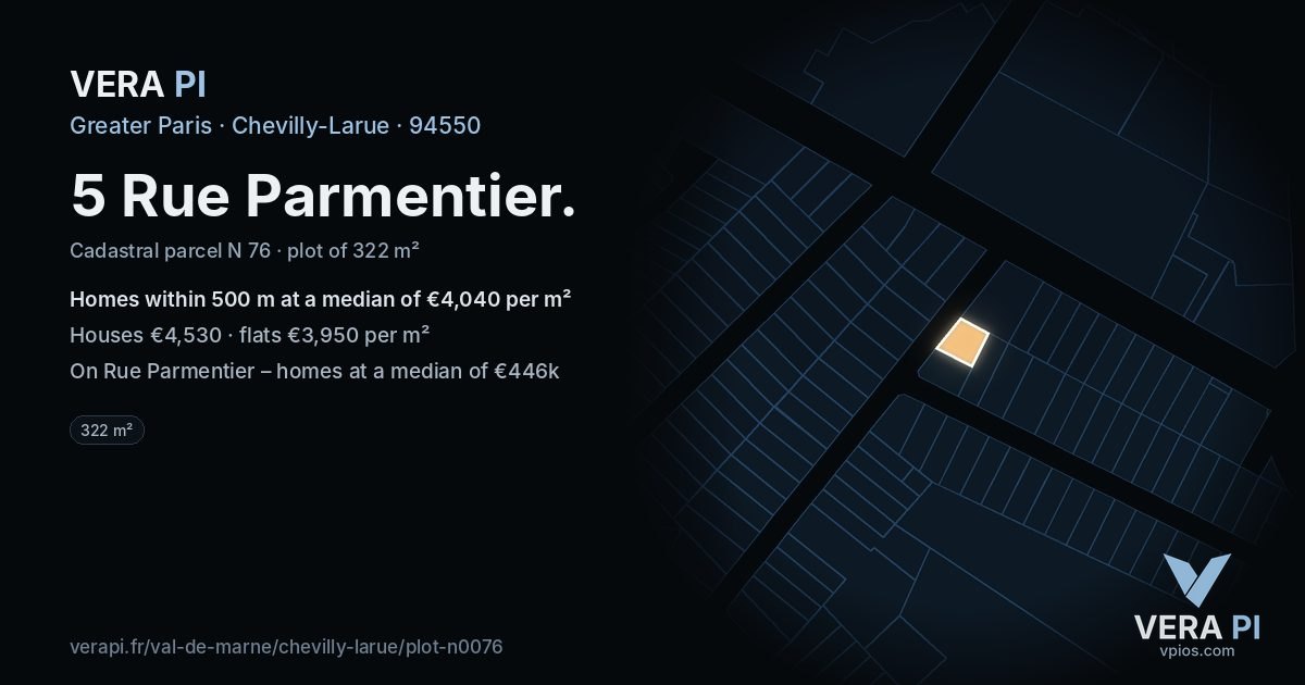5 Rue Parmentier, Chevilly-Larue at night – the plot lit, the parcels around coloured by the prices near them