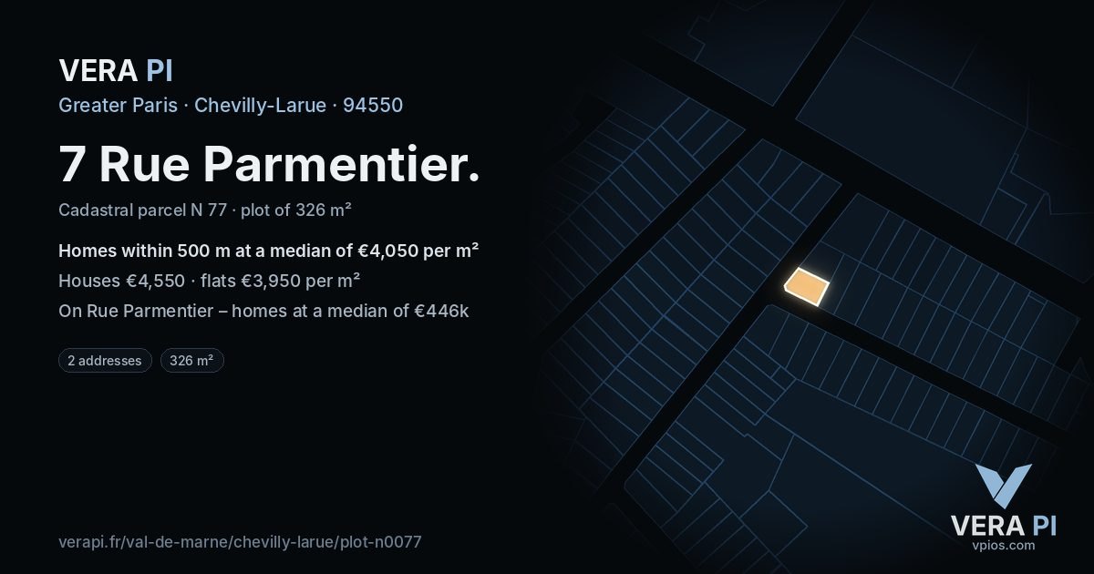 7 Rue Parmentier, Chevilly-Larue at night – the plot lit, the parcels around coloured by the prices near them
