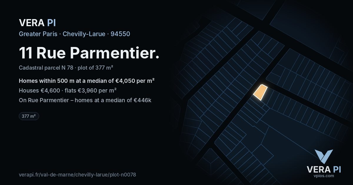 11 Rue Parmentier, Chevilly-Larue at night – the plot lit, the parcels around coloured by the prices near them
