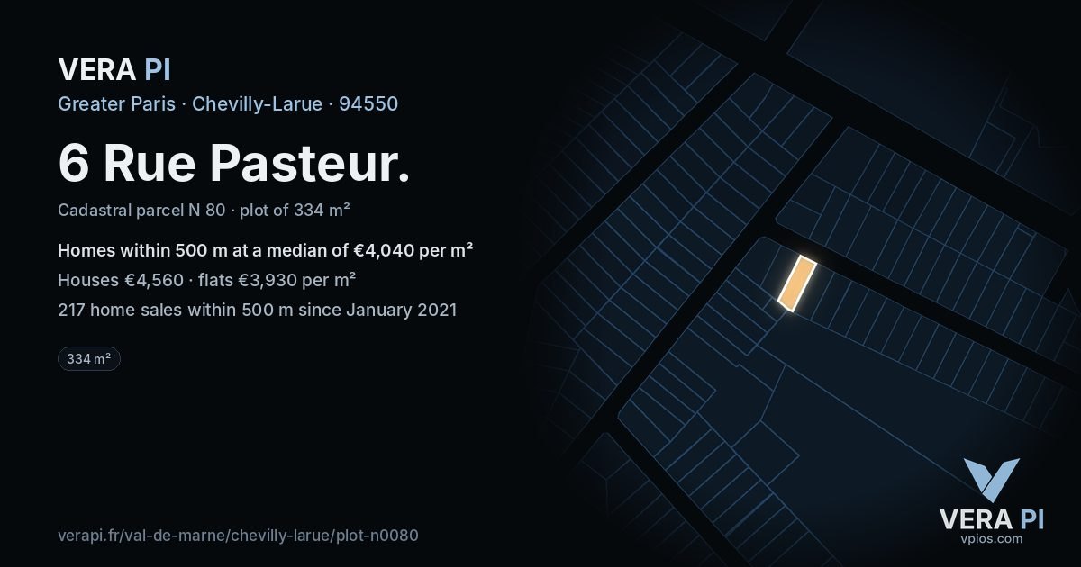 6 Rue Pasteur, Chevilly-Larue at night – the plot lit, the parcels around coloured by the prices near them