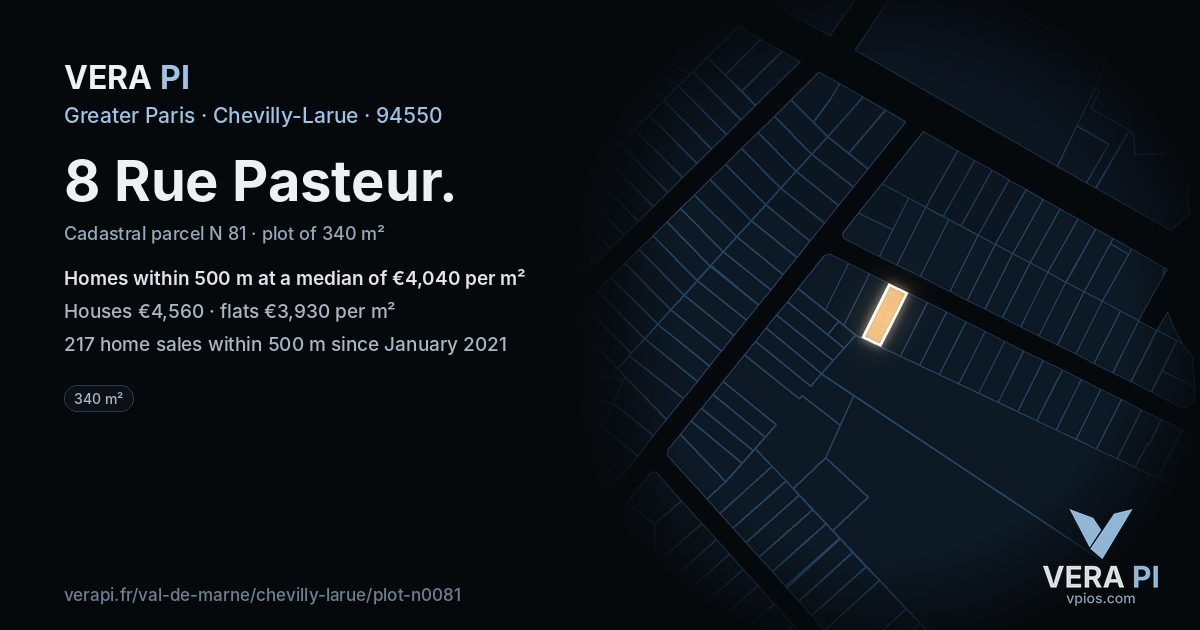 8 Rue Pasteur, Chevilly-Larue at night – the plot lit, the parcels around coloured by the prices near them