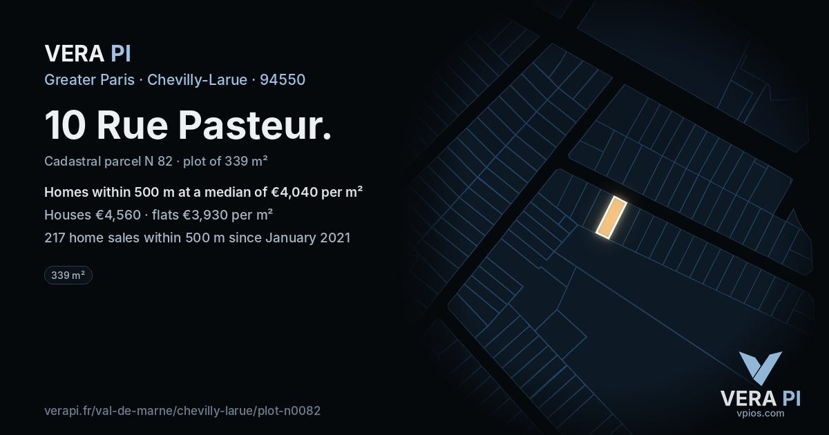 10 Rue Pasteur, Chevilly-Larue at night – the plot lit, the parcels around coloured by the prices near them