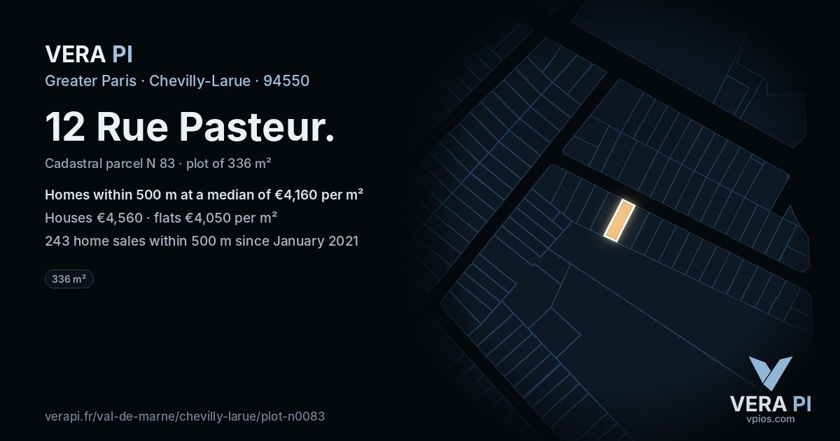 12 Rue Pasteur, Chevilly-Larue at night – the plot lit, the parcels around coloured by the prices near them