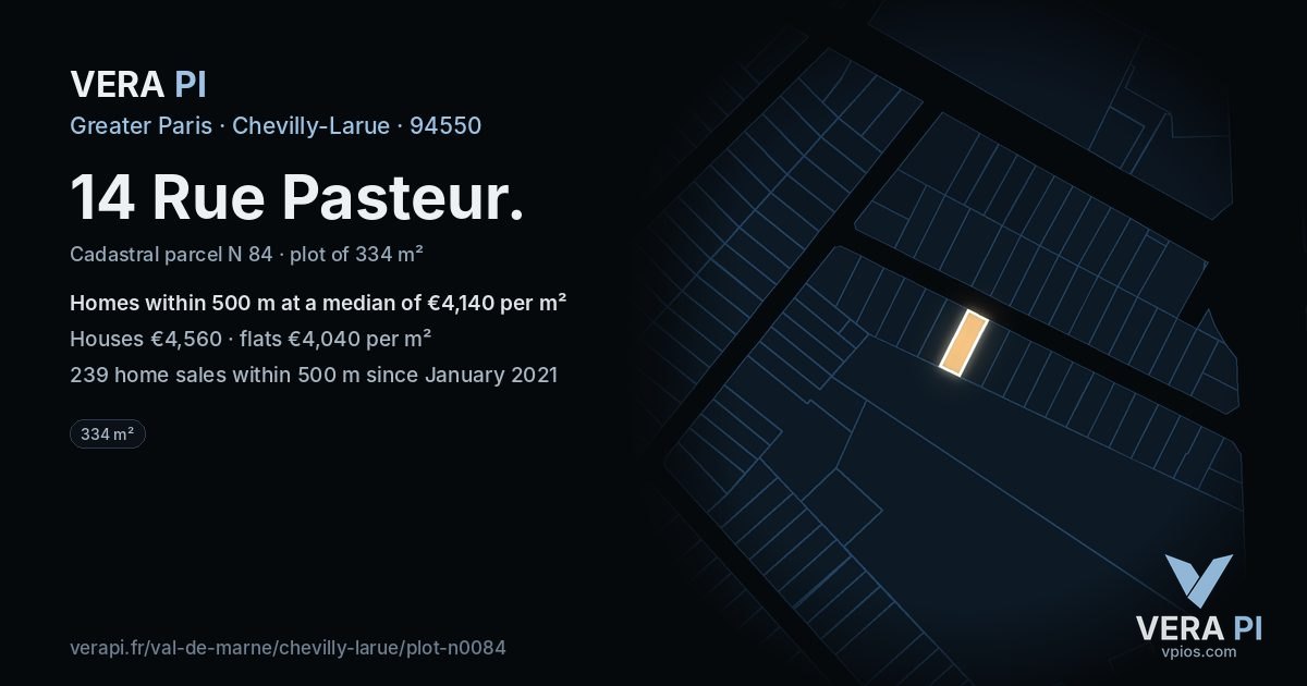 14 Rue Pasteur, Chevilly-Larue at night – the plot lit, the parcels around coloured by the prices near them