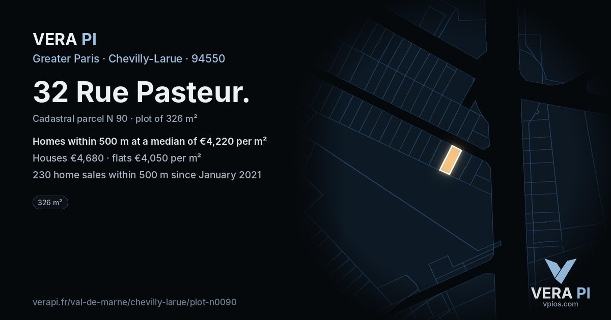 32 Rue Pasteur, Chevilly-Larue at night – the plot lit, the parcels around coloured by the prices near them