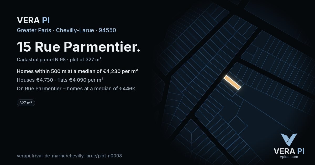 15 Rue Parmentier, Chevilly-Larue at night – the plot lit, the parcels around coloured by the prices near them