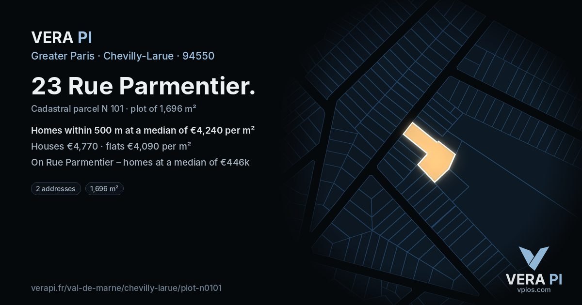 23 Rue Parmentier, Chevilly-Larue at night – the plot lit, the parcels around coloured by the prices near them