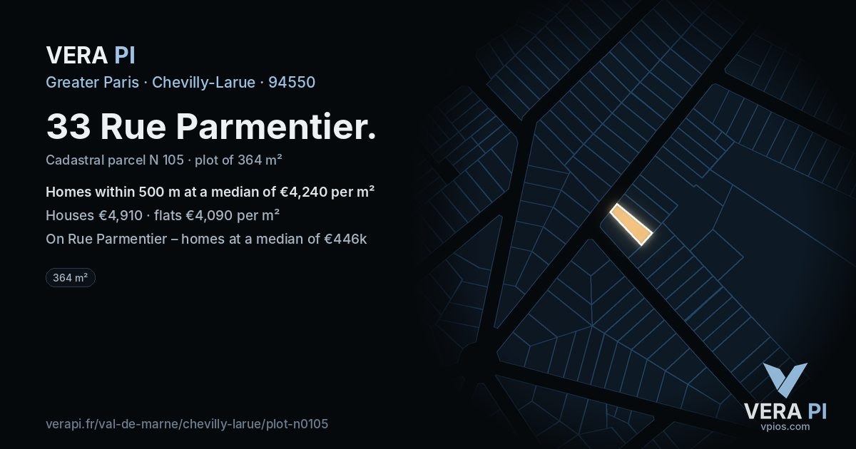33 Rue Parmentier, Chevilly-Larue at night – the plot lit, the parcels around coloured by the prices near them