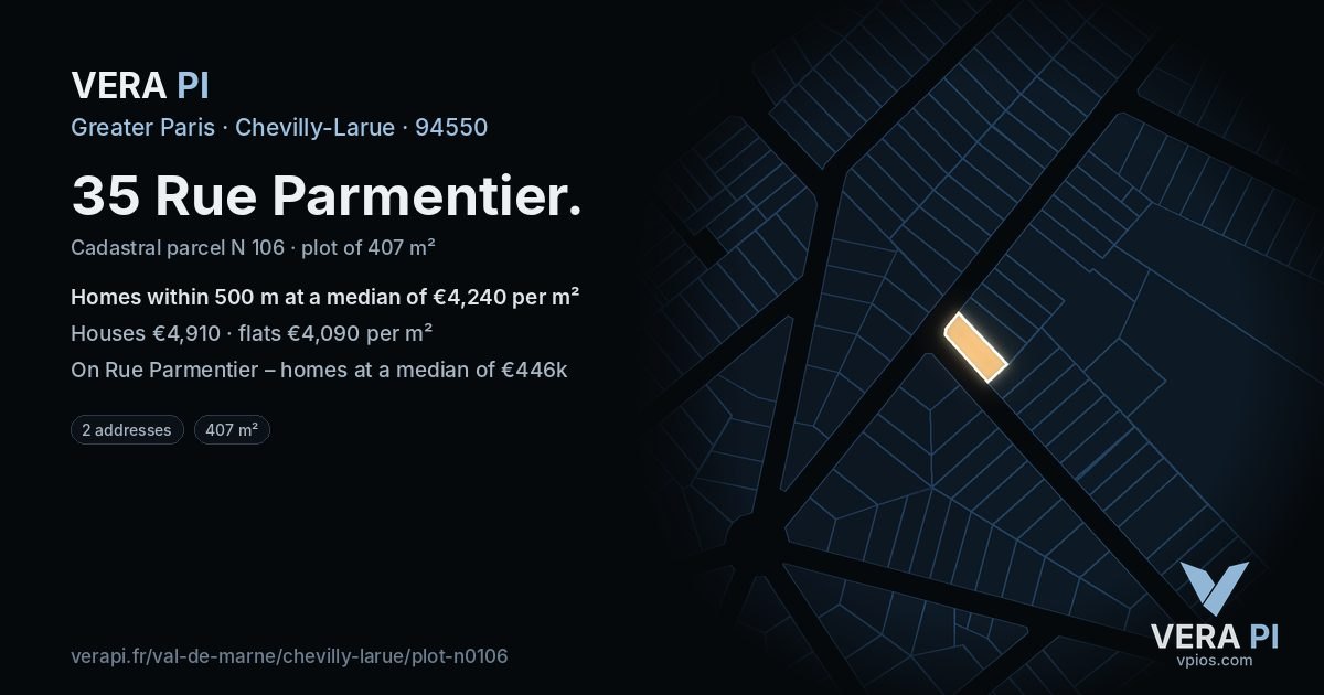 35 Rue Parmentier, Chevilly-Larue at night – the plot lit, the parcels around coloured by the prices near them