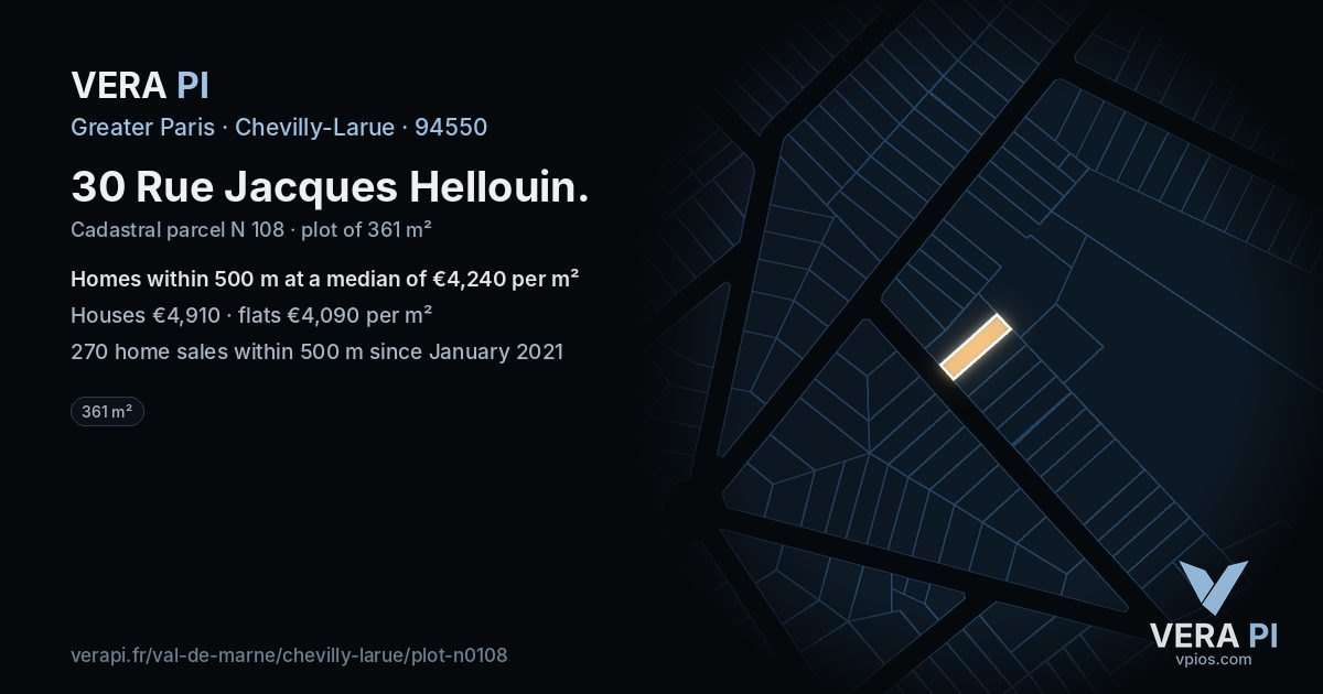30 Rue Jacques Hellouin, Chevilly-Larue at night – the plot lit, the parcels around coloured by the prices near them