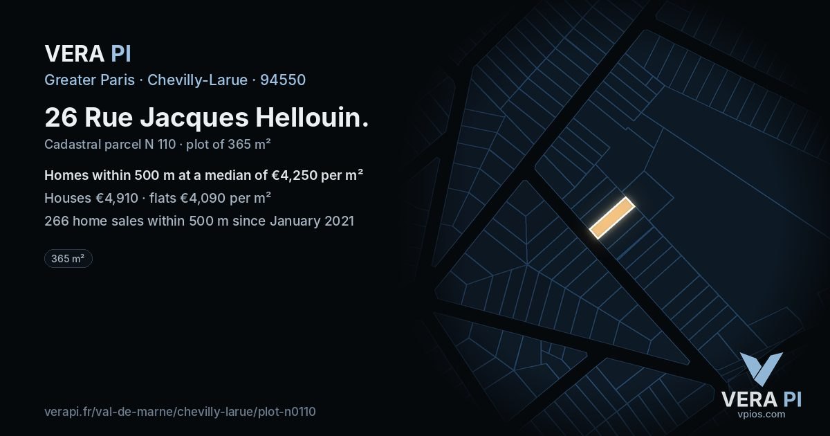 26 Rue Jacques Hellouin, Chevilly-Larue at night – the plot lit, the parcels around coloured by the prices near them