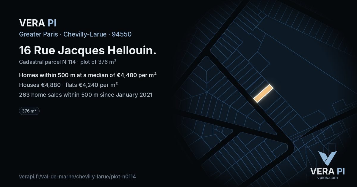 16 Rue Jacques Hellouin, Chevilly-Larue at night – the plot lit, the parcels around coloured by the prices near them