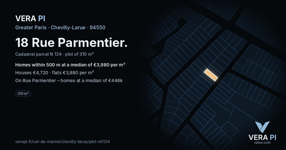 18 Rue Parmentier, Chevilly-Larue at night – the plot lit, the parcels around coloured by the prices near them