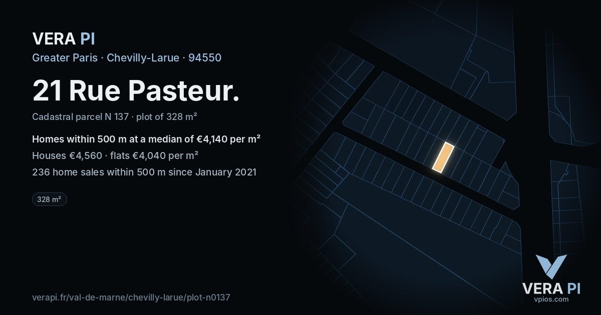 21 Rue Pasteur, Chevilly-Larue at night – the plot lit, the parcels around coloured by the prices near them