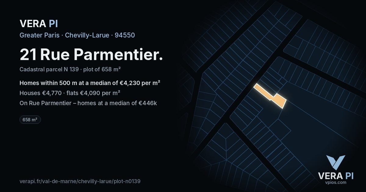 21 Rue Parmentier, Chevilly-Larue at night – the plot lit, the parcels around coloured by the prices near them