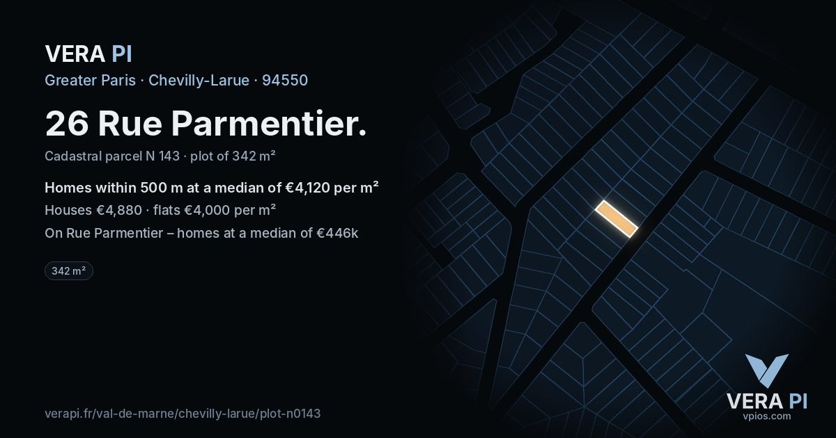 26 Rue Parmentier, Chevilly-Larue at night – the plot lit, the parcels around coloured by the prices near them