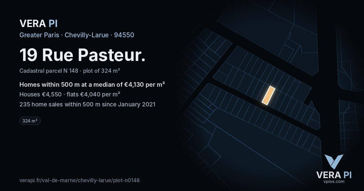 19 Rue Pasteur, Chevilly-Larue at night – the plot lit, the parcels around coloured by the prices near them