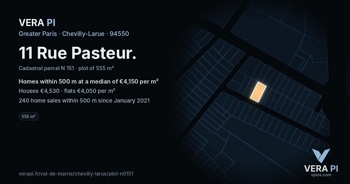 11 Rue Pasteur, Chevilly-Larue at night – the plot lit, the parcels around coloured by the prices near them