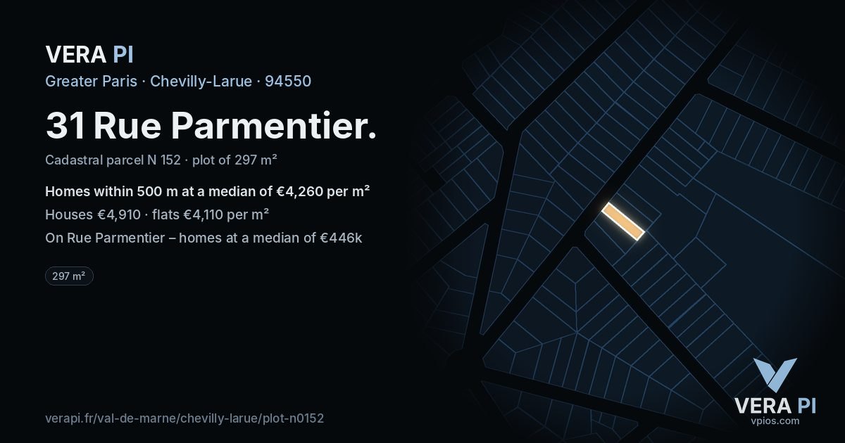 31 Rue Parmentier, Chevilly-Larue at night – the plot lit, the parcels around coloured by the prices near them