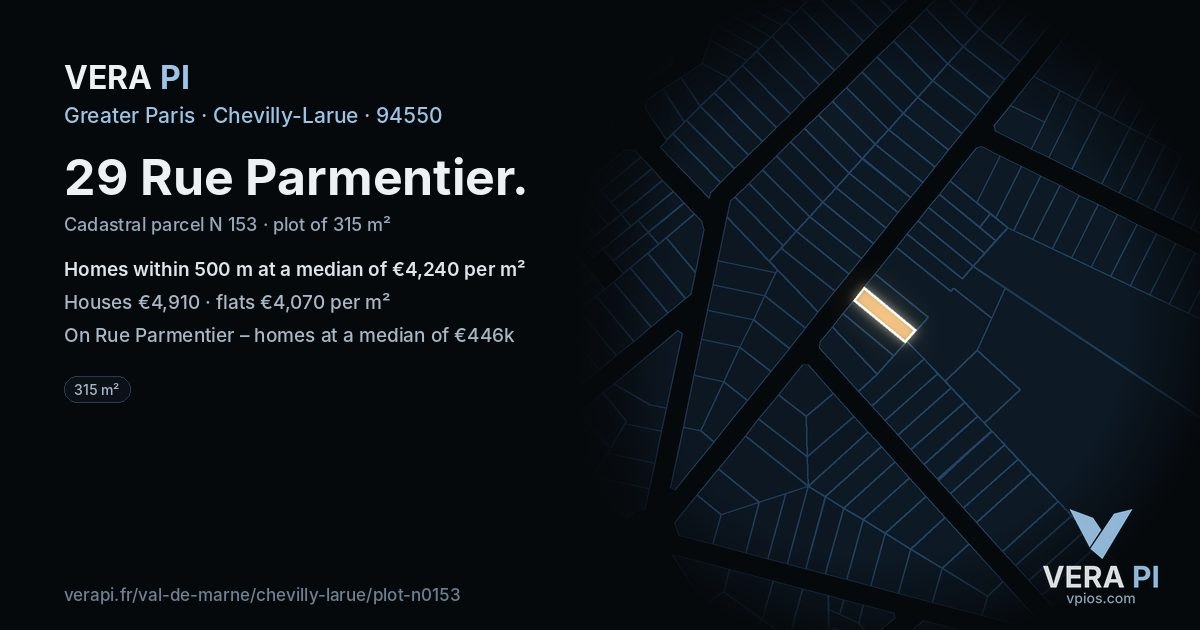 29 Rue Parmentier, Chevilly-Larue at night – the plot lit, the parcels around coloured by the prices near them