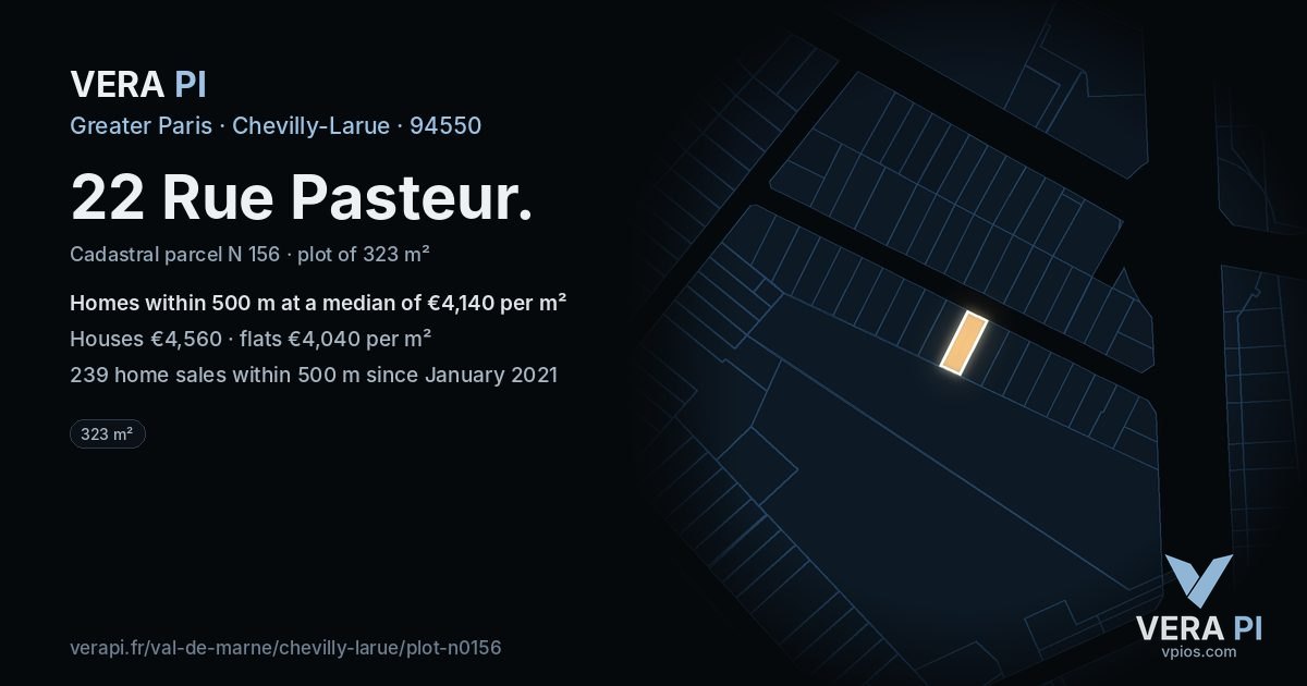 22 Rue Pasteur, Chevilly-Larue at night – the plot lit, the parcels around coloured by the prices near them