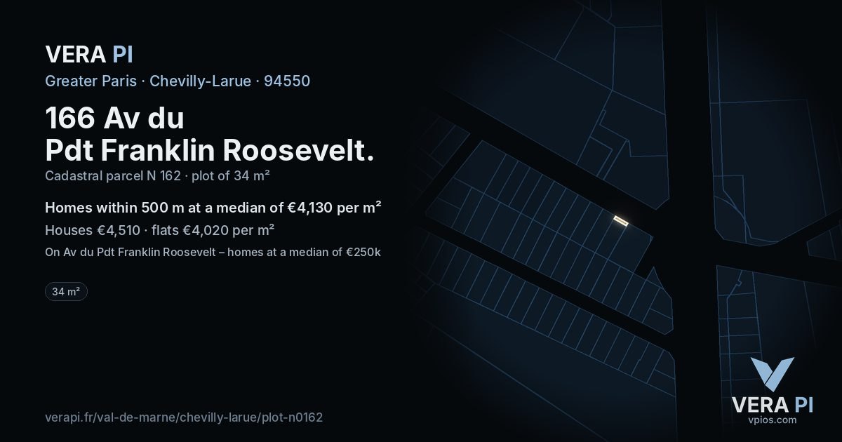 166 Av du Pdt Franklin Roosevelt, Chevilly-Larue at night – the plot lit, the parcels around coloured by the prices near them