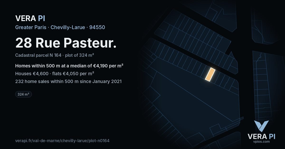 28 Rue Pasteur, Chevilly-Larue at night – the plot lit, the parcels around coloured by the prices near them