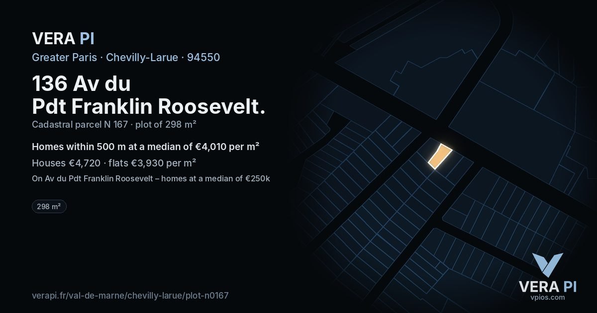 136 Av du Pdt Franklin Roosevelt, Chevilly-Larue at night – the plot lit, the parcels around coloured by the prices near them