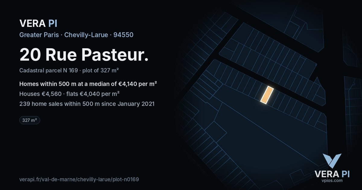 20 Rue Pasteur, Chevilly-Larue at night – the plot lit, the parcels around coloured by the prices near them