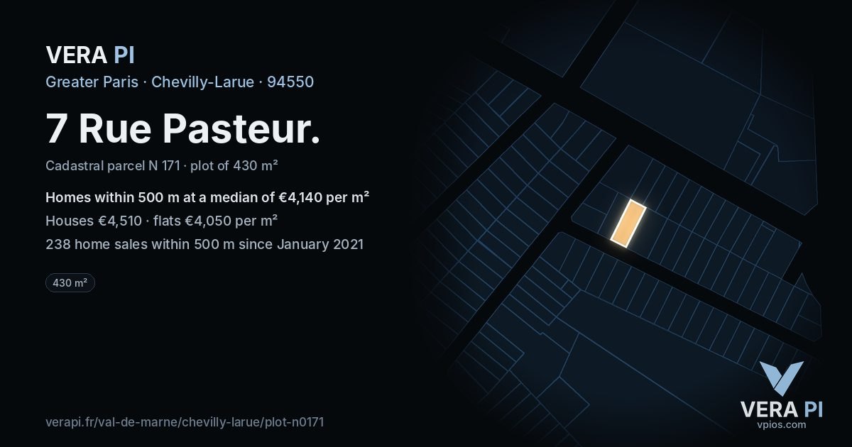 7 Rue Pasteur, Chevilly-Larue at night – the plot lit, the parcels around coloured by the prices near them