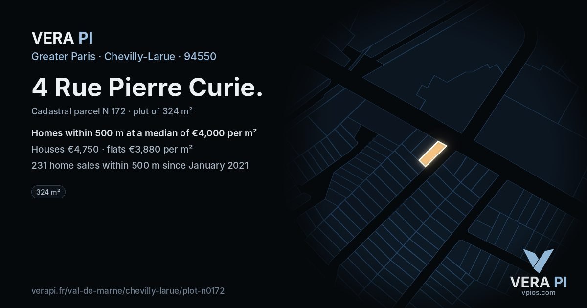 4 Rue Pierre Curie, Chevilly-Larue at night – the plot lit, the parcels around coloured by the prices near them