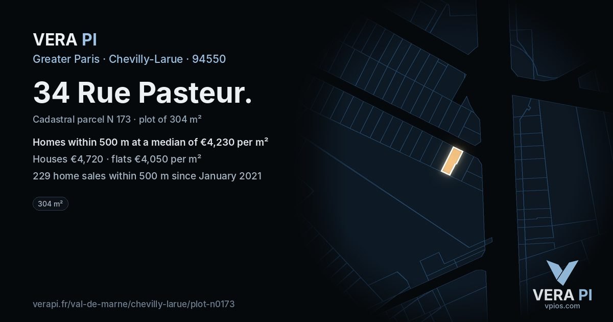 34 Rue Pasteur, Chevilly-Larue at night – the plot lit, the parcels around coloured by the prices near them