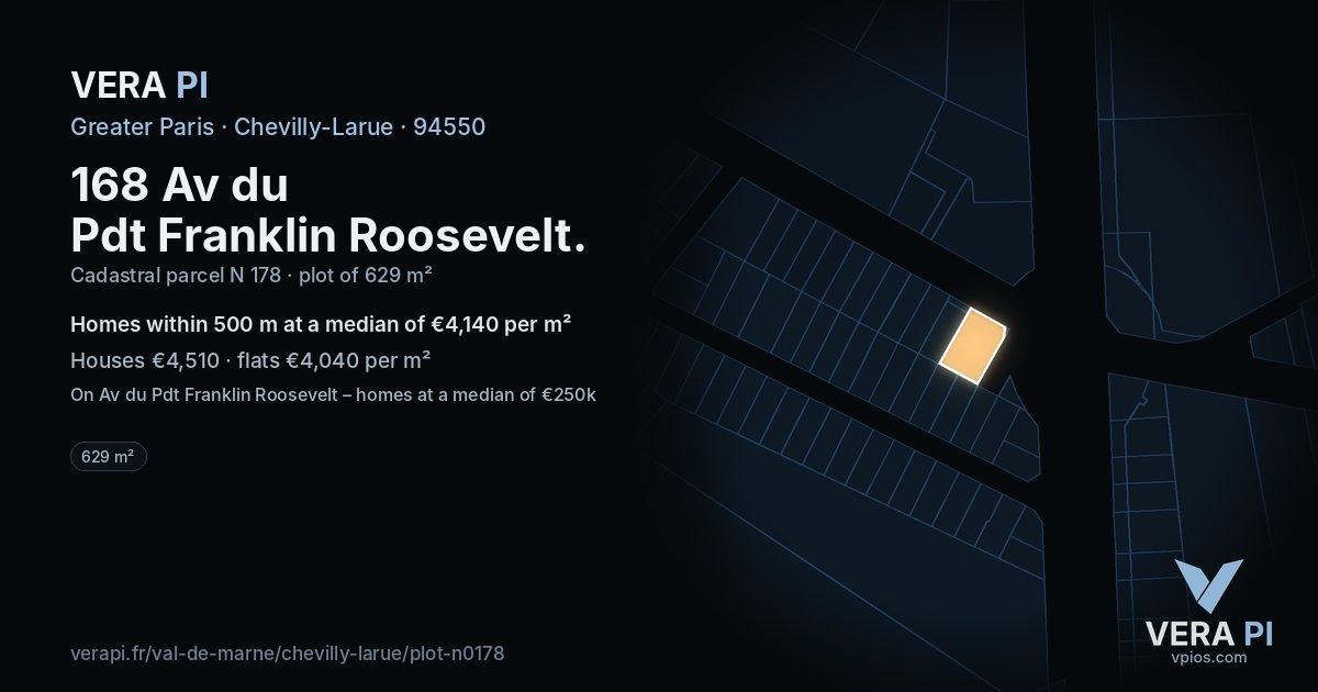 168 Av du Pdt Franklin Roosevelt, Chevilly-Larue at night – the plot lit, the parcels around coloured by the prices near them