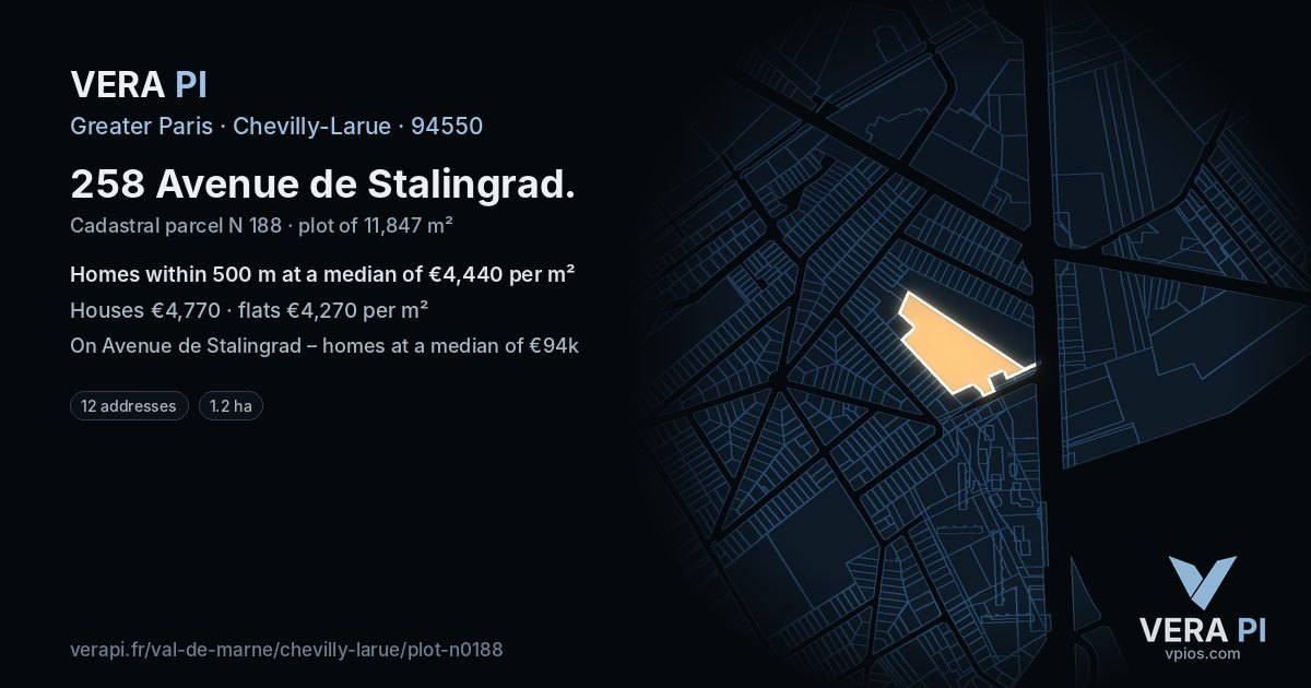 258 Avenue de Stalingrad, Chevilly-Larue at night – the plot lit, the parcels around coloured by the prices near them