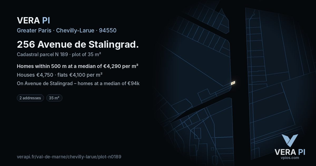 256 Avenue de Stalingrad, Chevilly-Larue at night – the plot lit, the parcels around coloured by the prices near them