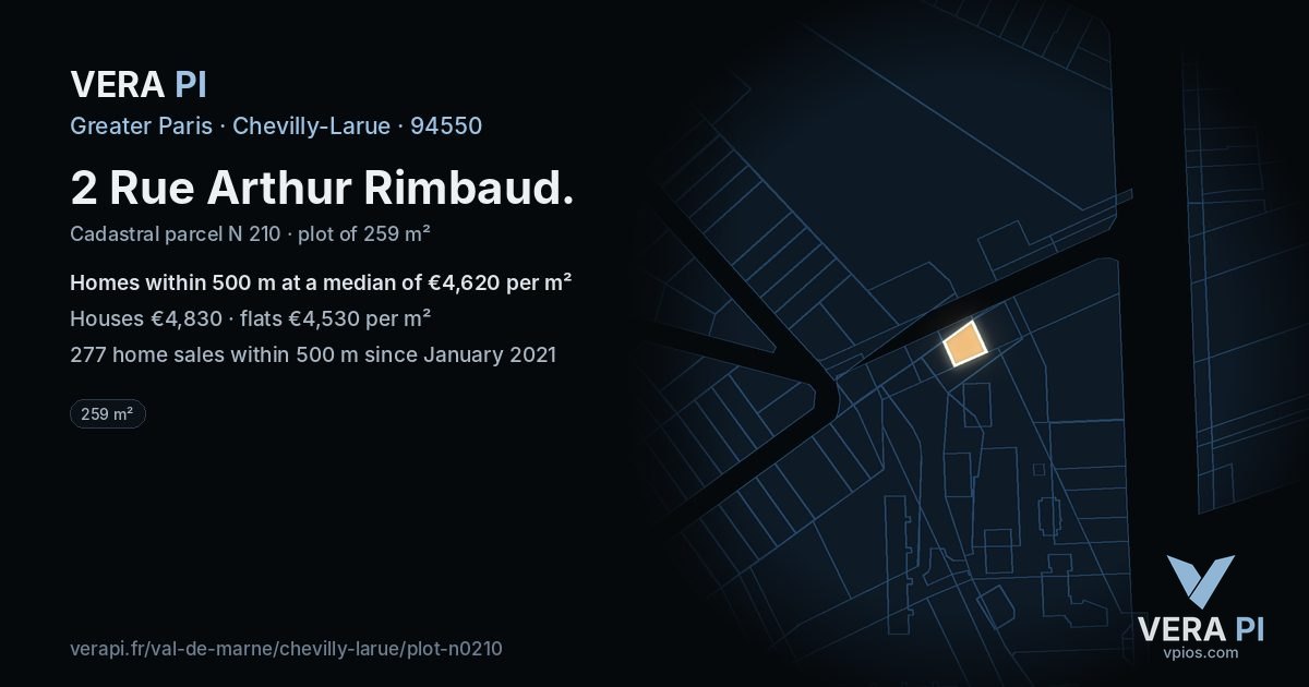 2 Rue Arthur Rimbaud, Chevilly-Larue at night – the plot lit, the parcels around coloured by the prices near them