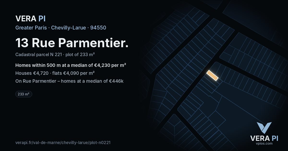 13 Rue Parmentier, Chevilly-Larue at night – the plot lit, the parcels around coloured by the prices near them