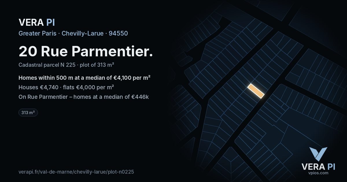 20 Rue Parmentier, Chevilly-Larue at night – the plot lit, the parcels around coloured by the prices near them